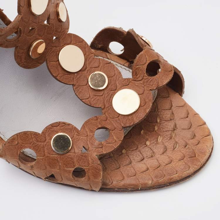 Pre Owned Sergio Rossi Brown Python Embossed Leather T-Strap Sandals Size 37