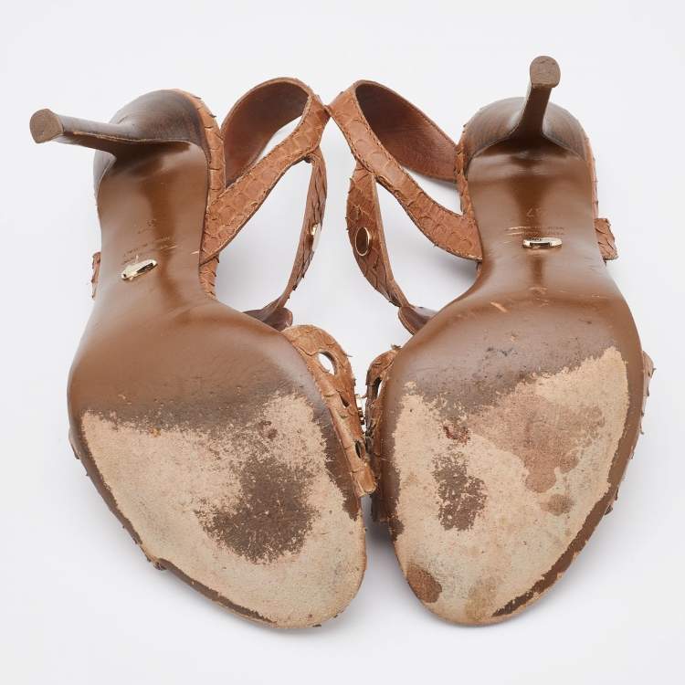 Pre Owned Sergio Rossi Brown Python Embossed Leather T-Strap Sandals Size 37