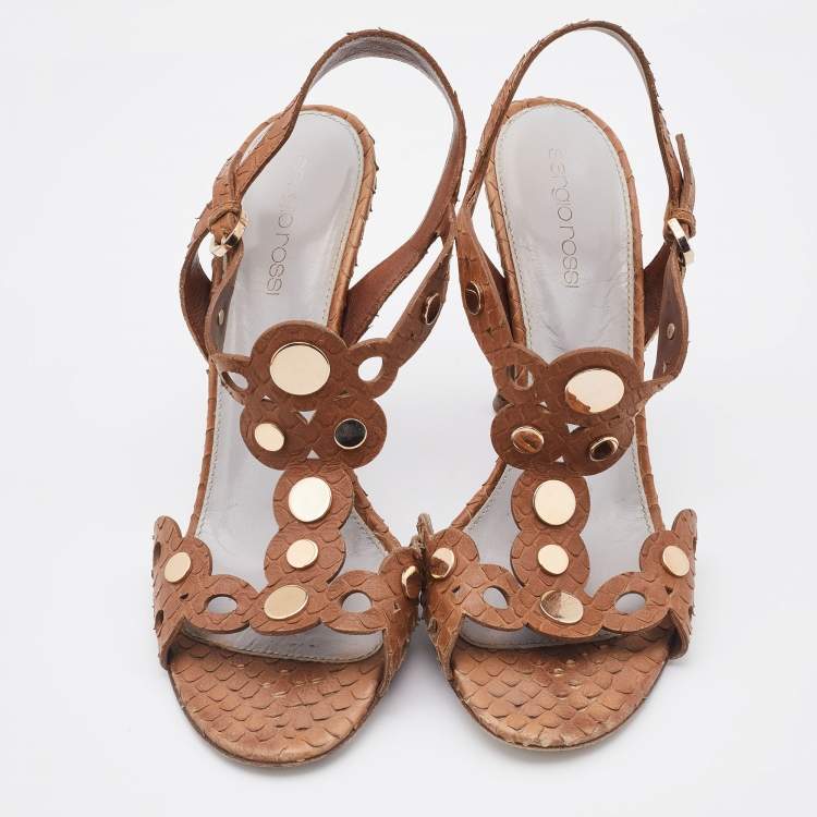 Pre Owned Sergio Rossi Brown Python Embossed Leather T-Strap Sandals Size 37