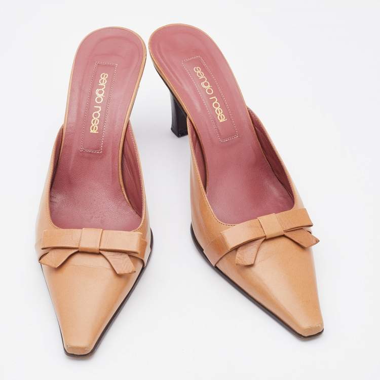 Pre Owned Sergio Rossi Light Brown Leather Bow Pointed Toe Mules Size 37