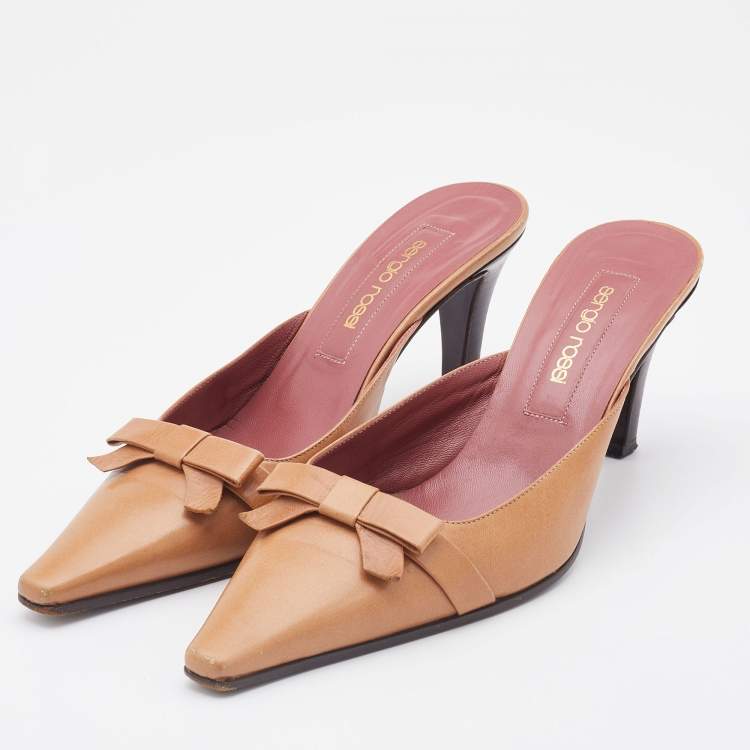 Pre Owned Sergio Rossi Light Brown Leather Bow Pointed Toe Mules Size 37