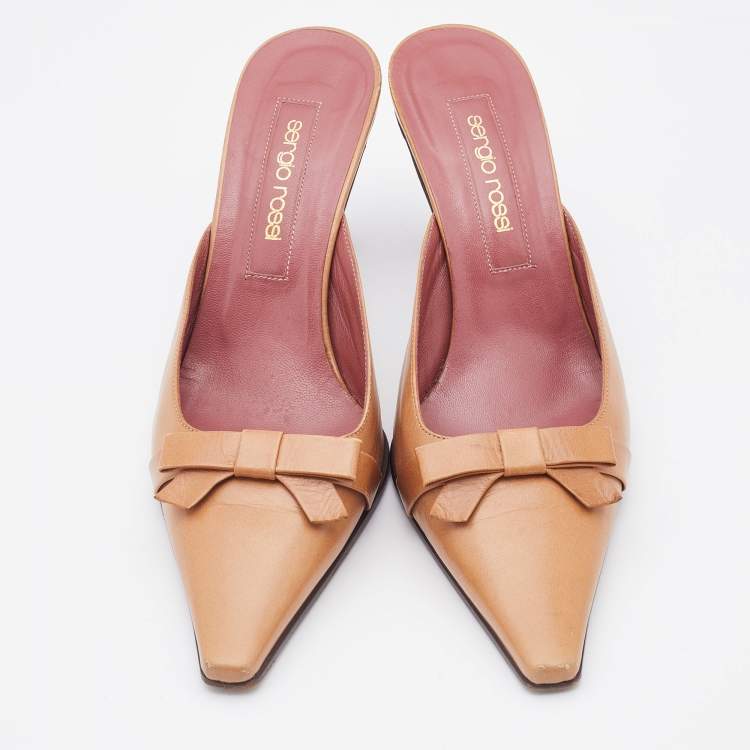 Pre Owned Sergio Rossi Light Brown Leather Bow Pointed Toe Mules Size 37