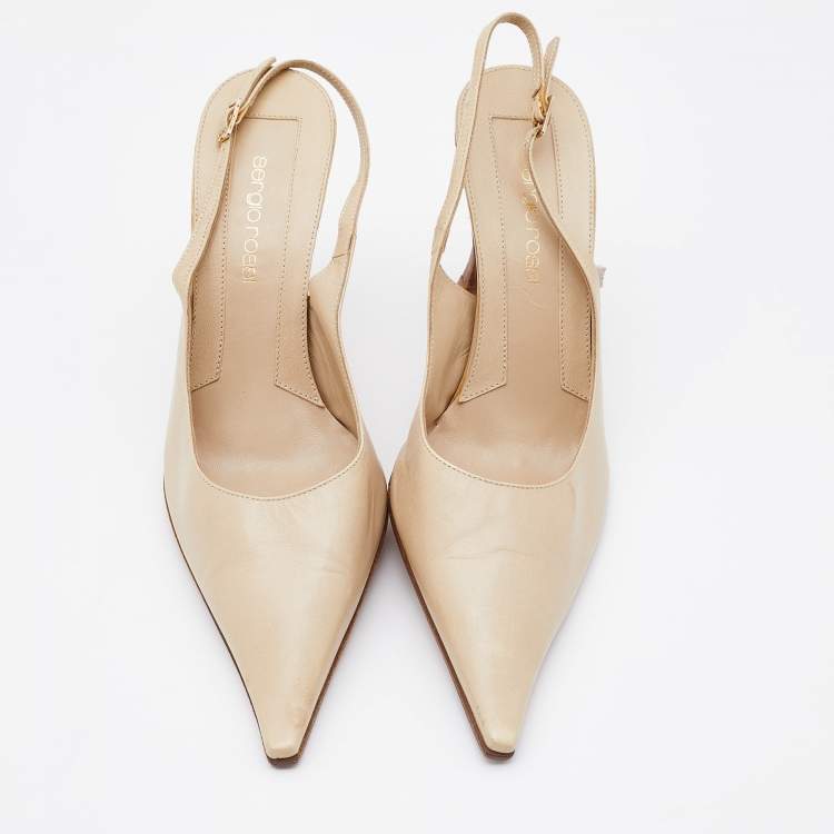 Pre Owned Sergio Rossi Cream Leather Pointed Toe Slingback Pumps Size 38