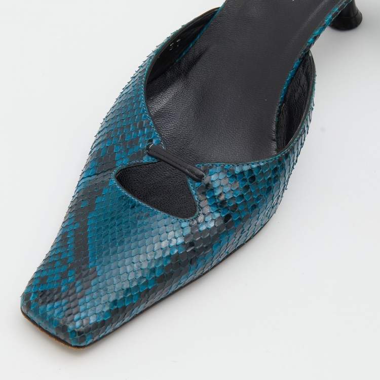Pre Owned Sergio Rossi Blue/Black Python Leather Kitten Heel Mules Size 37