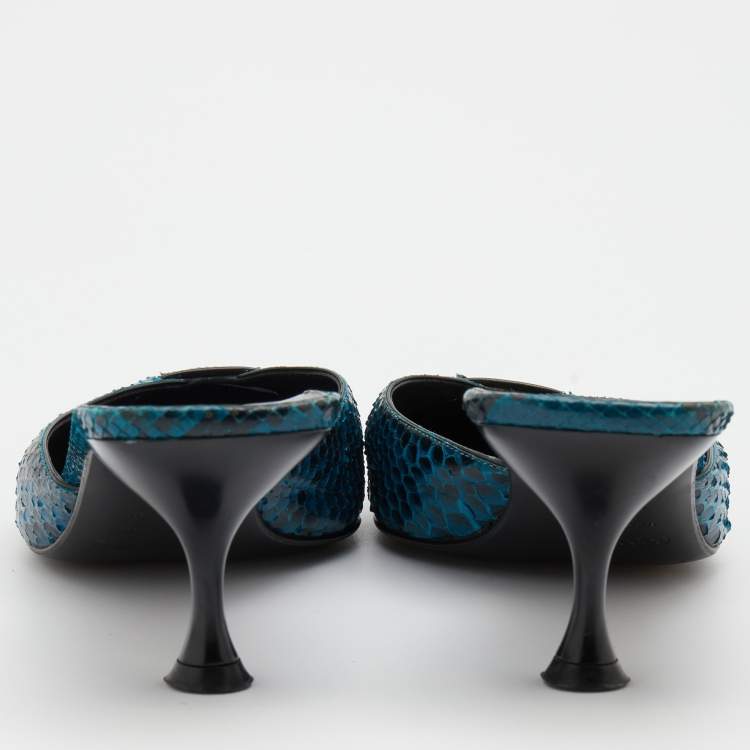 Pre Owned Sergio Rossi Blue/Black Python Leather Kitten Heel Mules Size 37