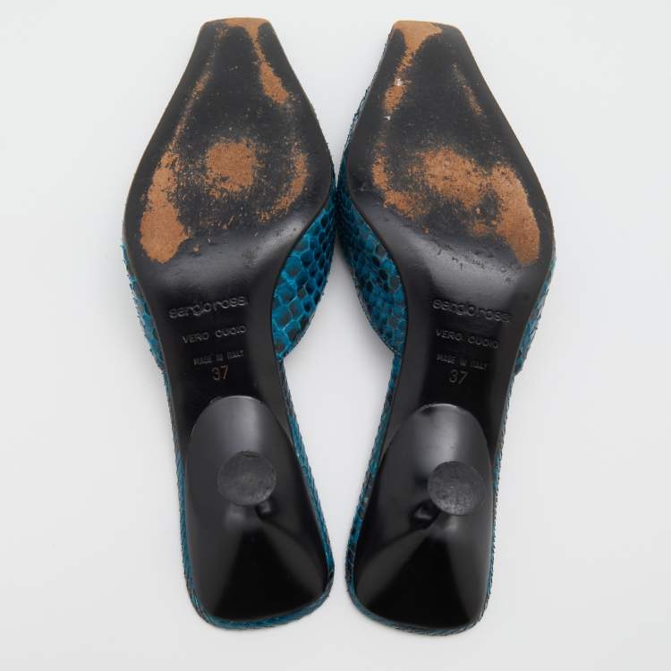 Pre Owned Sergio Rossi Blue/Black Python Leather Kitten Heel Mules Size 37