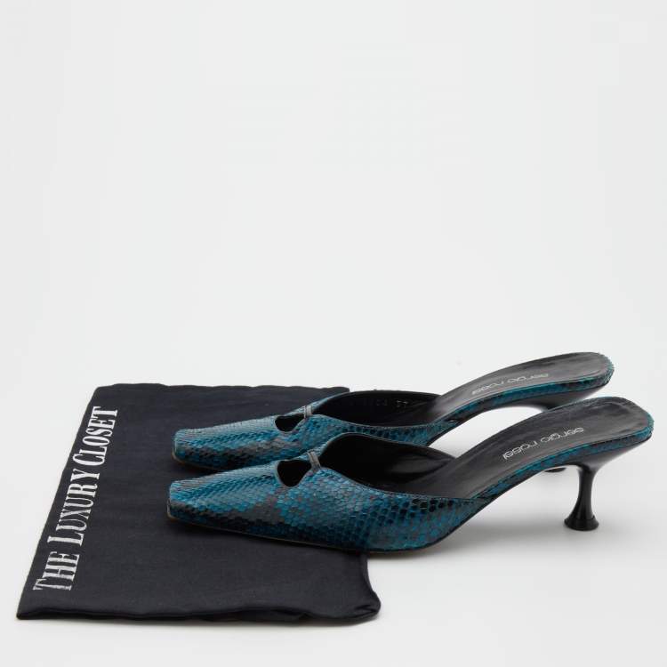 Pre Owned Sergio Rossi Blue/Black Python Leather Kitten Heel Mules Size 37