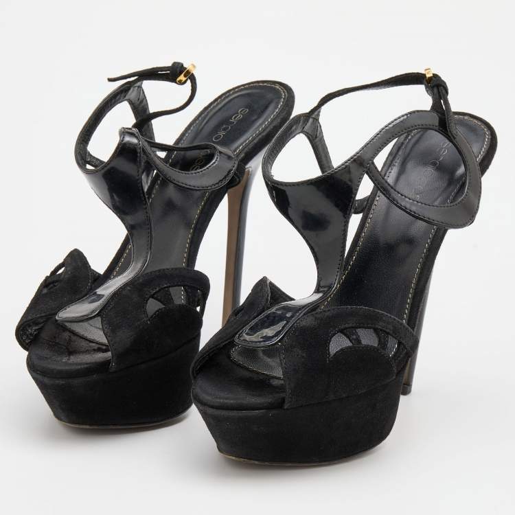 Pre Owned Sergio Rossi Black Suede and Patent Leather Platform Sandals Size 36.5