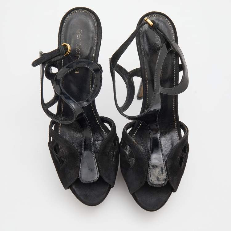 Pre Owned Sergio Rossi Black Suede and Patent Leather Platform Sandals Size 36.5