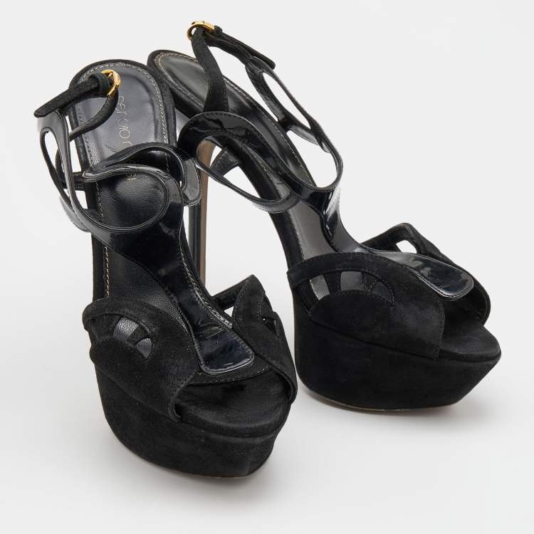 Pre Owned Sergio Rossi Black Suede and Patent Leather Platform Sandals Size 36.5