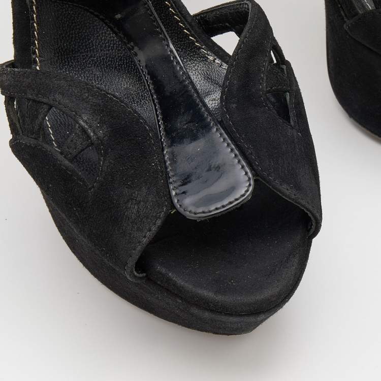 Pre Owned Sergio Rossi Black Suede and Patent Leather Platform Sandals Size 36.5