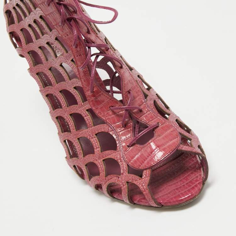 Pre Owned Sergio Rossi Magenta Lizard Embossed Leather Cut Out Lace Up Ankle Booties Size 40
