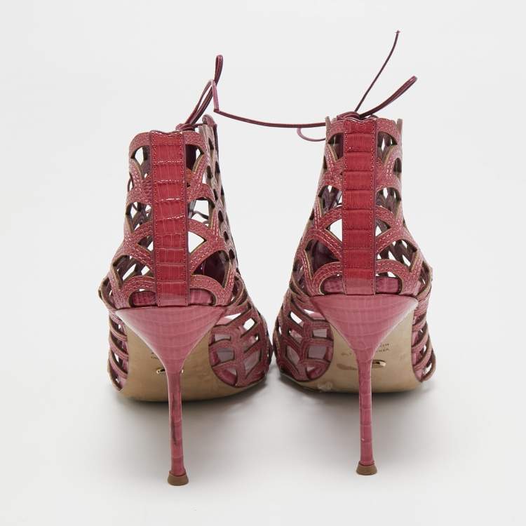 Pre Owned Sergio Rossi Magenta Lizard Embossed Leather Cut Out Lace Up Ankle Booties Size 40