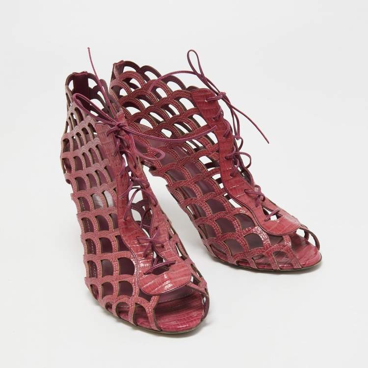 Pre Owned Sergio Rossi Magenta Lizard Embossed Leather Cut Out Lace Up Ankle Booties Size 40