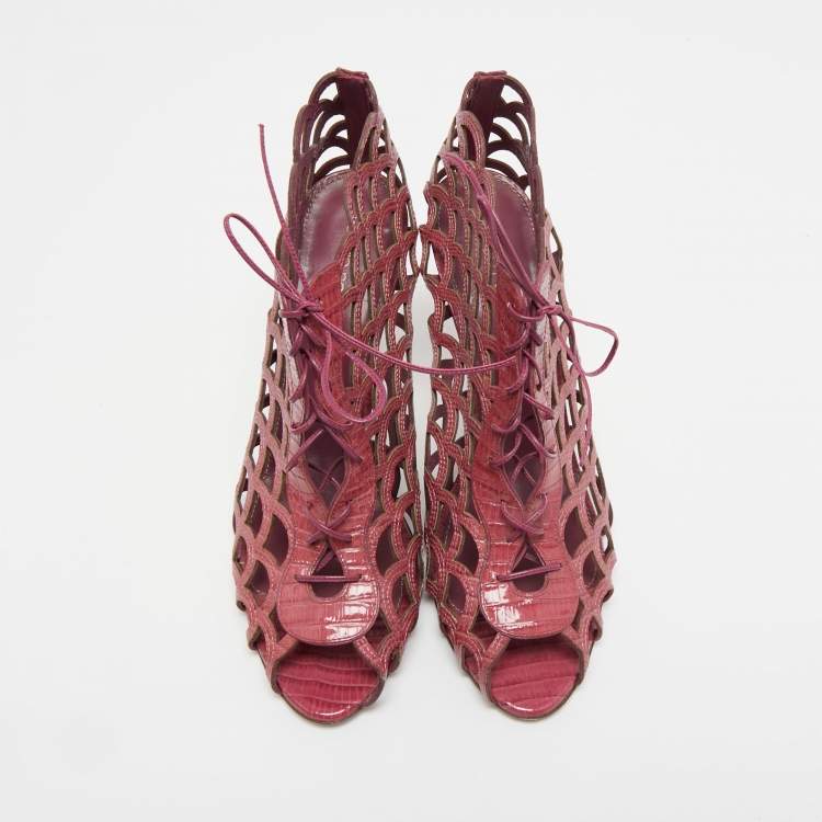 Pre Owned Sergio Rossi Magenta Lizard Embossed Leather Cut Out Lace Up Ankle Booties Size 40