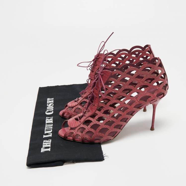 Pre Owned Sergio Rossi Magenta Lizard Embossed Leather Cut Out Lace Up Ankle Booties Size 40
