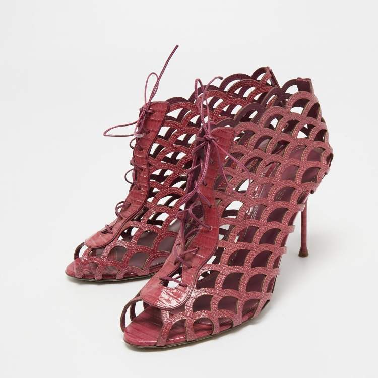 Pre Owned Sergio Rossi Magenta Lizard Embossed Leather Cut Out Lace Up Ankle Booties Size 40