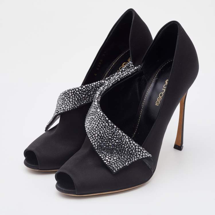 Pre Owned Sergio Rossi Black Satin Crystal Embellished Peep Toe Pumps Size 37