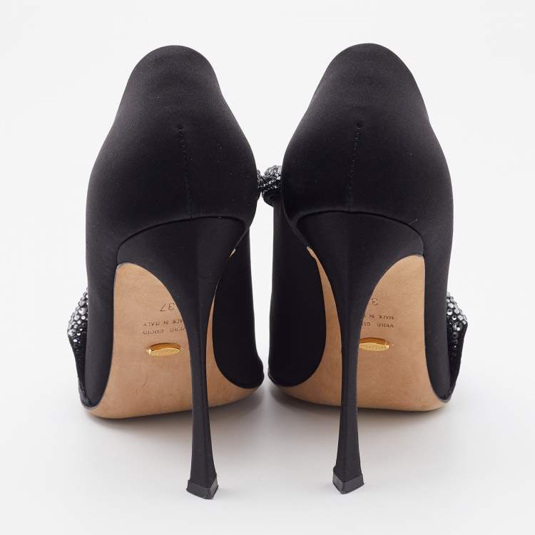 Pre Owned Sergio Rossi Black Satin Crystal Embellished Peep Toe Pumps Size 37
