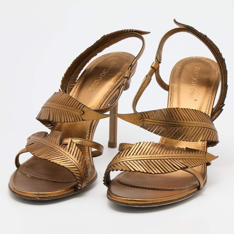 Pre Owned Sergio Rossi Gold Leather Open Toe Slingback Sandals Size 38.5