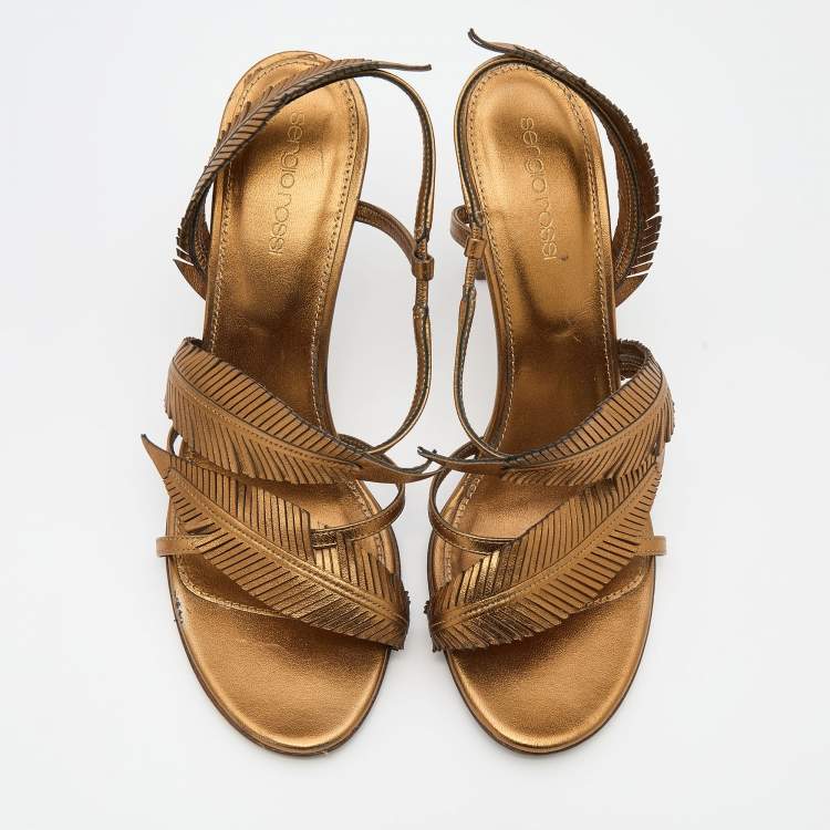 Pre Owned Sergio Rossi Gold Leather Open Toe Slingback Sandals Size 38.5