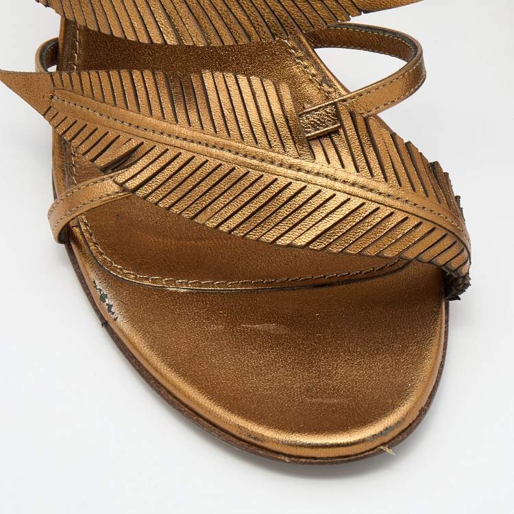 Pre Owned Sergio Rossi Gold Leather Open Toe Slingback Sandals Size 38.5