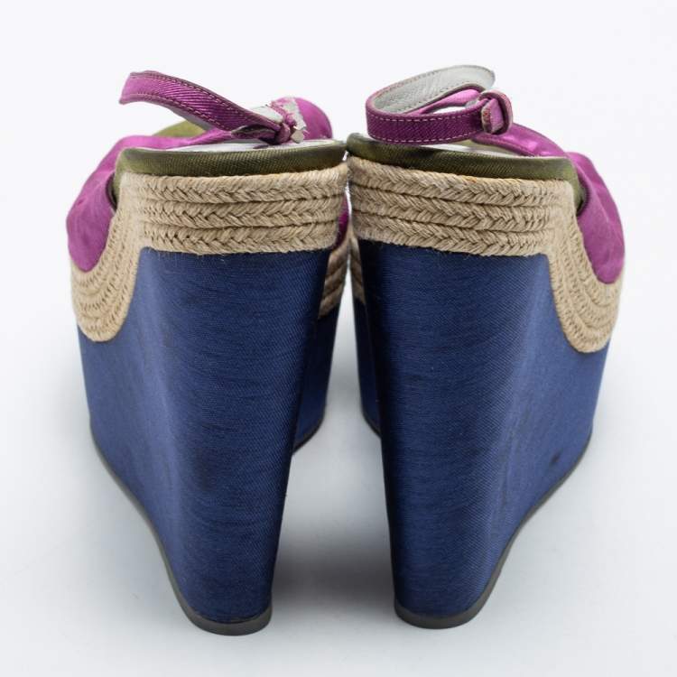 Pre Owned Sergio Rossi Purple Fabric Open Toe Wedge Platform Slingback Sandals Size 41