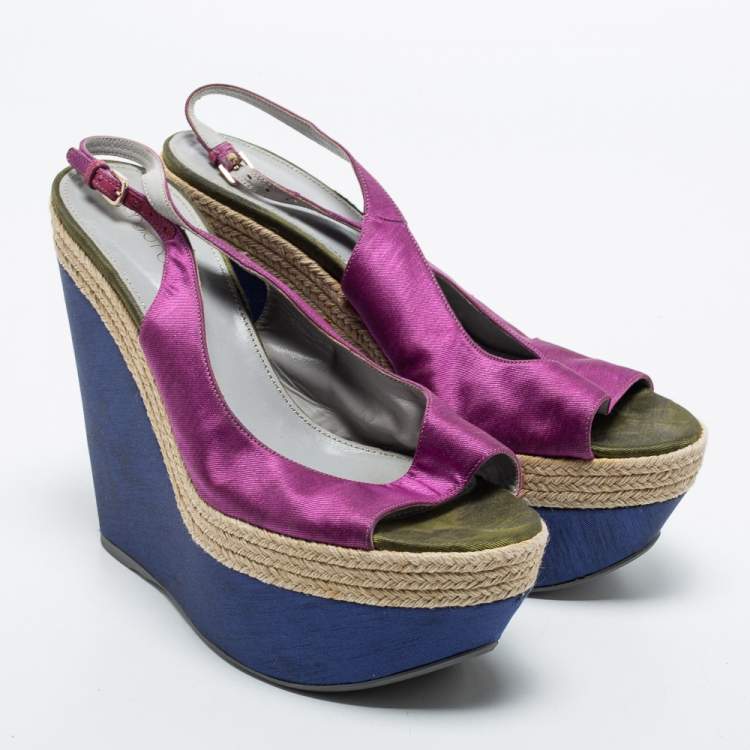 Pre Owned Sergio Rossi Purple Fabric Open Toe Wedge Platform Slingback Sandals Size 41
