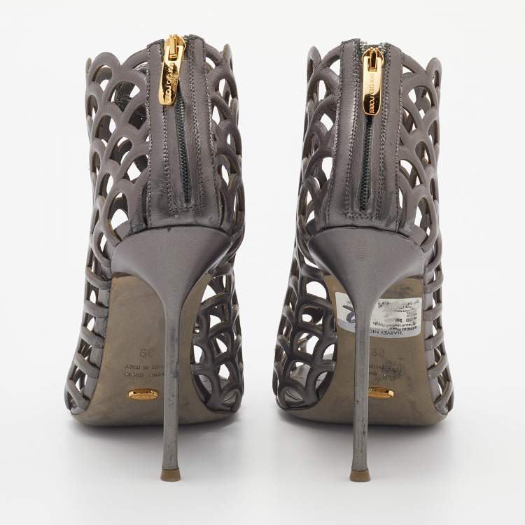 Pre Owned Sergio Rossi Grey Leather Cut Out Caged Open Toe Ankle Booties Size 39