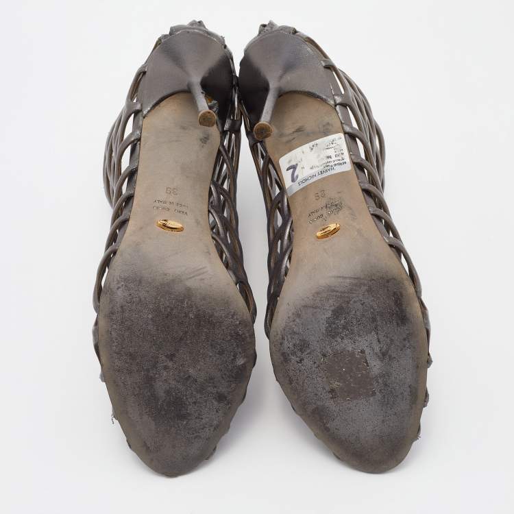 Pre Owned Sergio Rossi Grey Leather Cut Out Caged Open Toe Ankle Booties Size 39