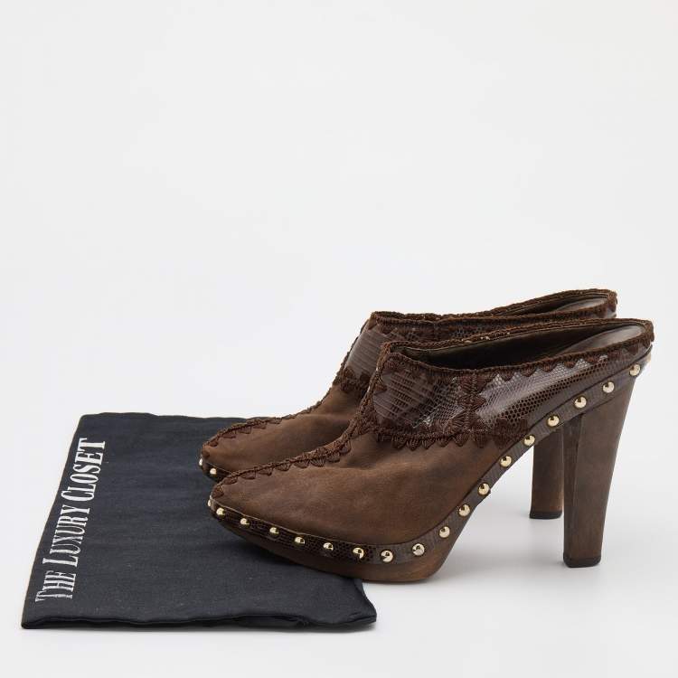 Pre Owned Sergio Rossi Brown Lizard Embossed Leather and Suede Studded Platform Mules Size 37.5