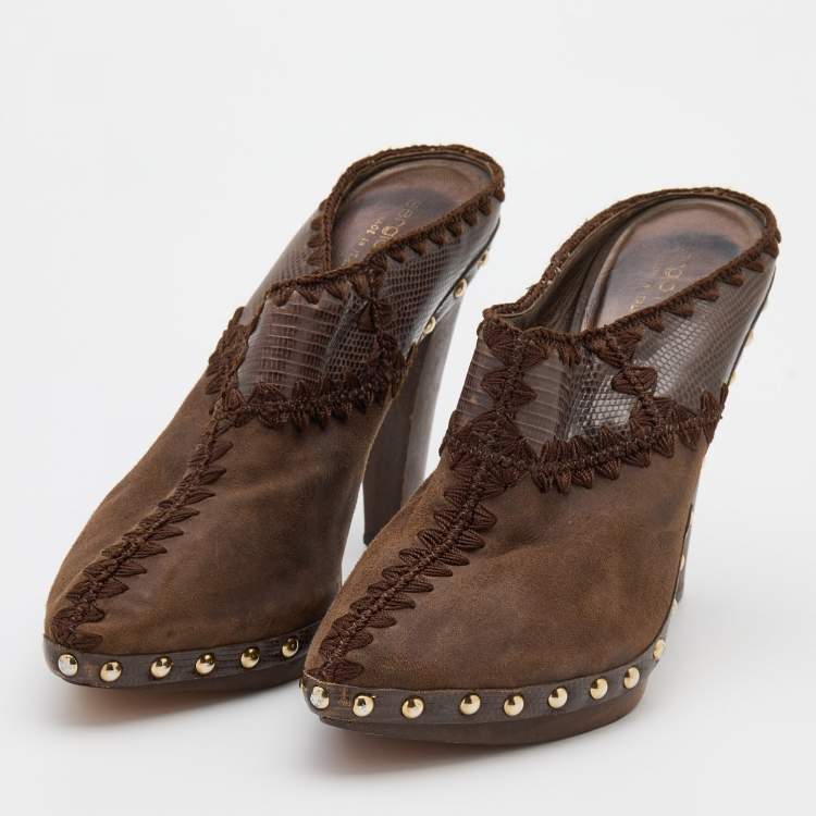 Pre Owned Sergio Rossi Brown Lizard Embossed Leather and Suede Studded Platform Mules Size 37.5