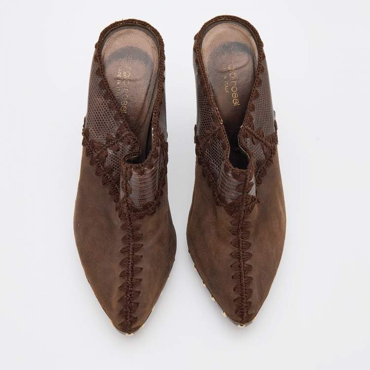 Pre Owned Sergio Rossi Brown Lizard Embossed Leather and Suede Studded Platform Mules Size 37.5