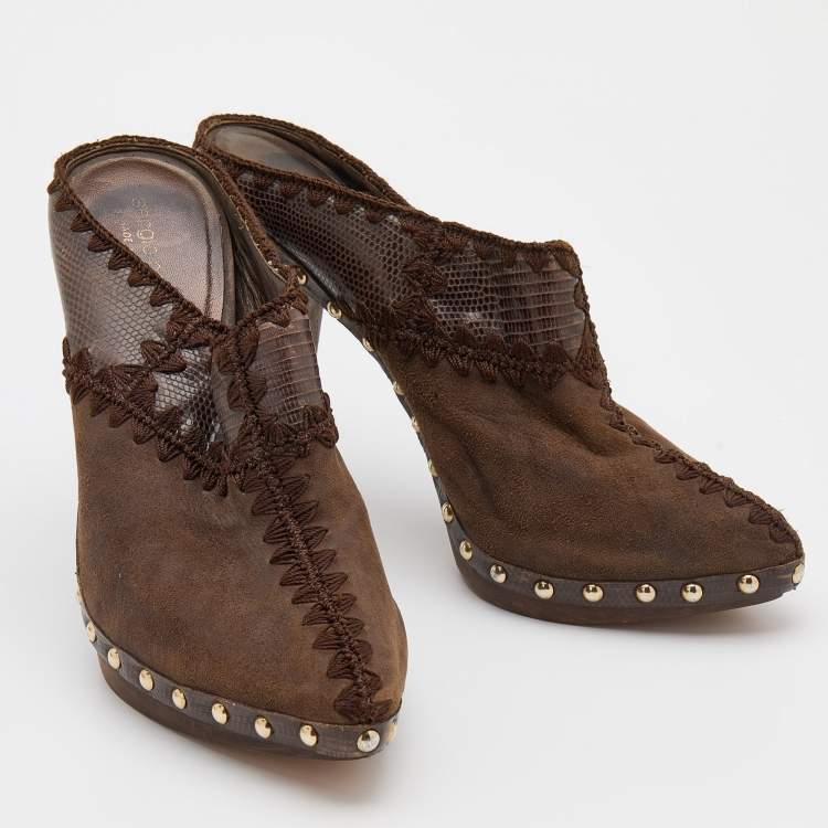 Pre Owned Sergio Rossi Brown Lizard Embossed Leather and Suede Studded Platform Mules Size 37.5