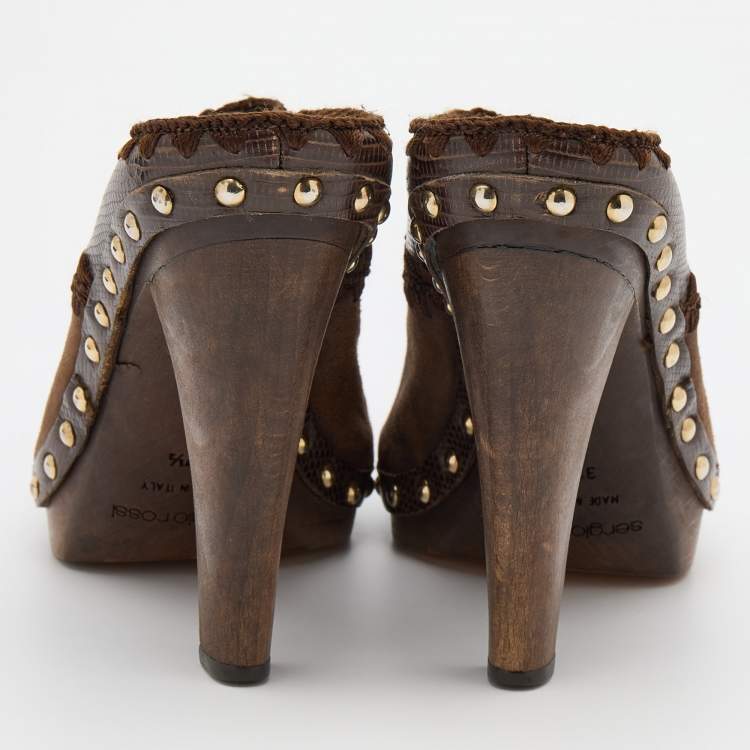 Pre Owned Sergio Rossi Brown Lizard Embossed Leather and Suede Studded Platform Mules Size 37.5