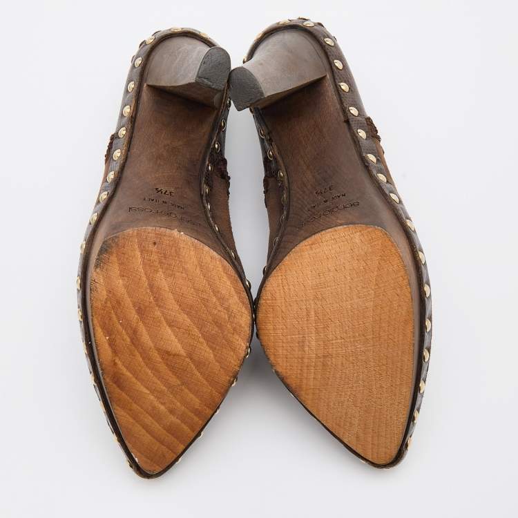 Pre Owned Sergio Rossi Brown Lizard Embossed Leather and Suede Studded Platform Mules Size 37.5