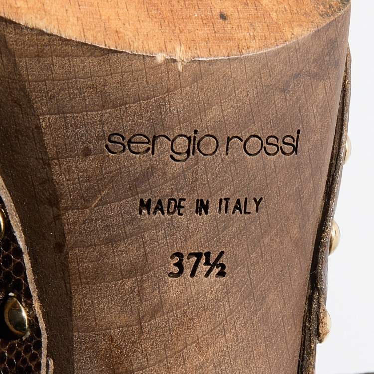 Pre Owned Sergio Rossi Brown Lizard Embossed Leather and Suede Studded Platform Mules Size 37.5