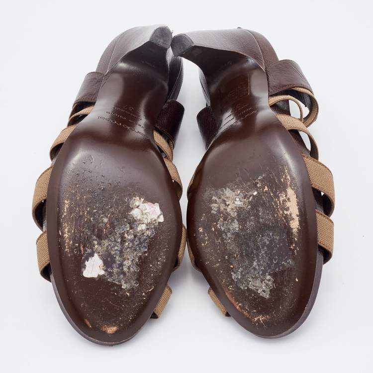 Pre Owned Sergio Rossi Brown/Grey Leather and Elastic Strappy Sandals Size 37