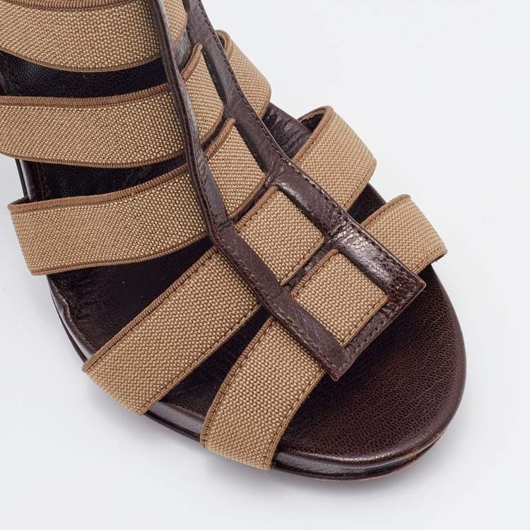 Pre Owned Sergio Rossi Brown/Grey Leather and Elastic Strappy Sandals Size 37