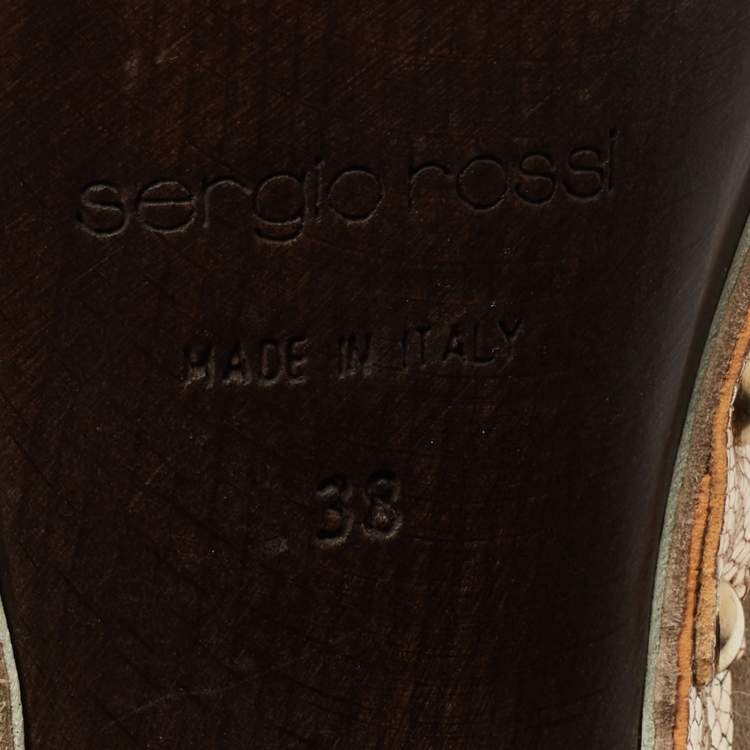 Pre Owned Sergio Rossi Grey/Gold Suede and Textured Leather Studded Pointed Toe Mules Size 38