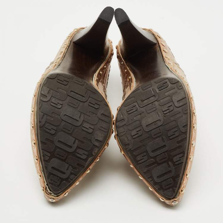 Pre Owned Sergio Rossi Grey/Gold Suede and Textured Leather Studded Pointed Toe Mules Size 38