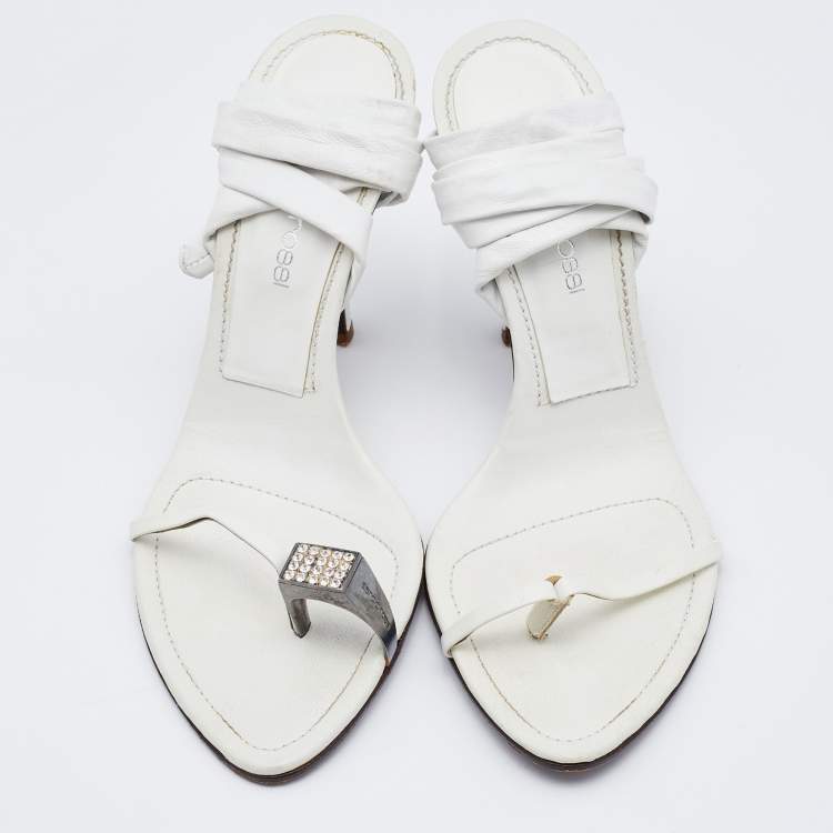 Pre Owned Sergio Rossi White Leather Ankle Wrap Sandals Size 38
