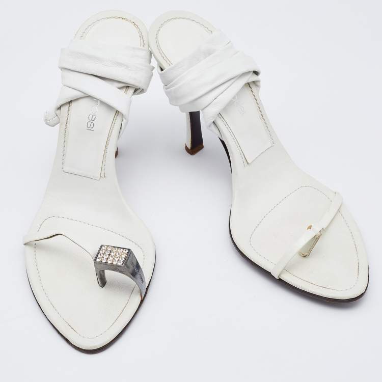 Pre Owned Sergio Rossi White Leather Ankle Wrap Sandals Size 38