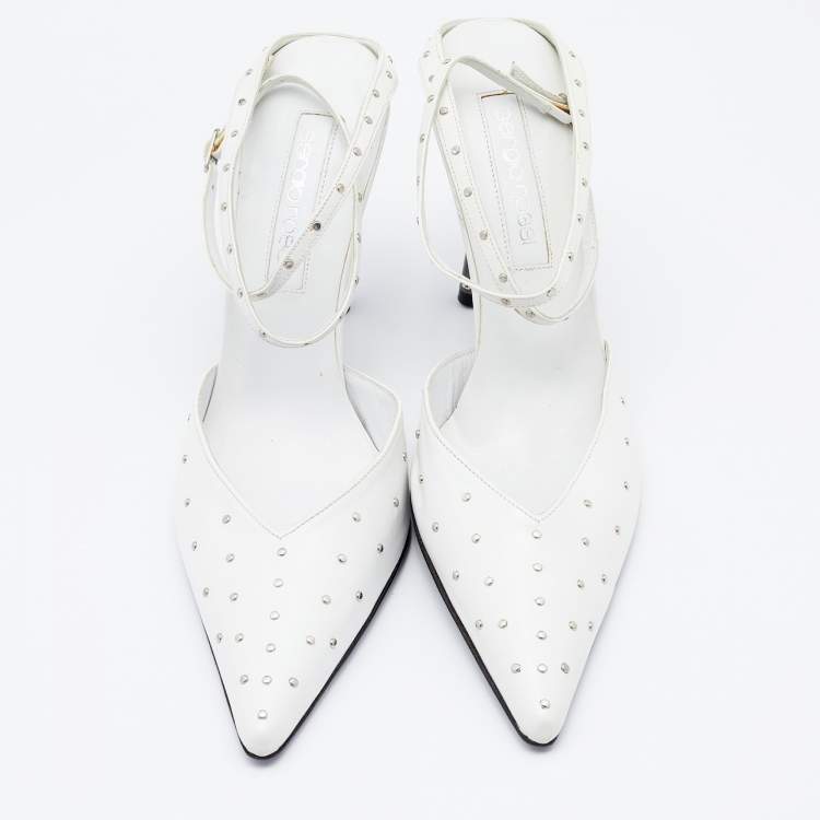 Pre Owned Sergio Rossi White Leather Studded Ankle Strap Pumps Size 38