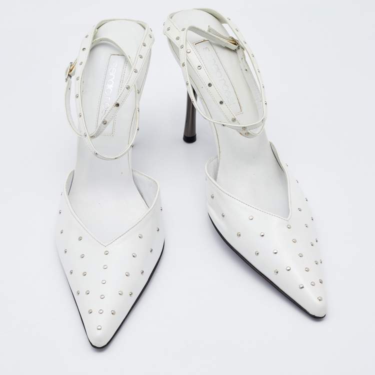 Pre Owned Sergio Rossi White Leather Studded Ankle Strap Pumps Size 38