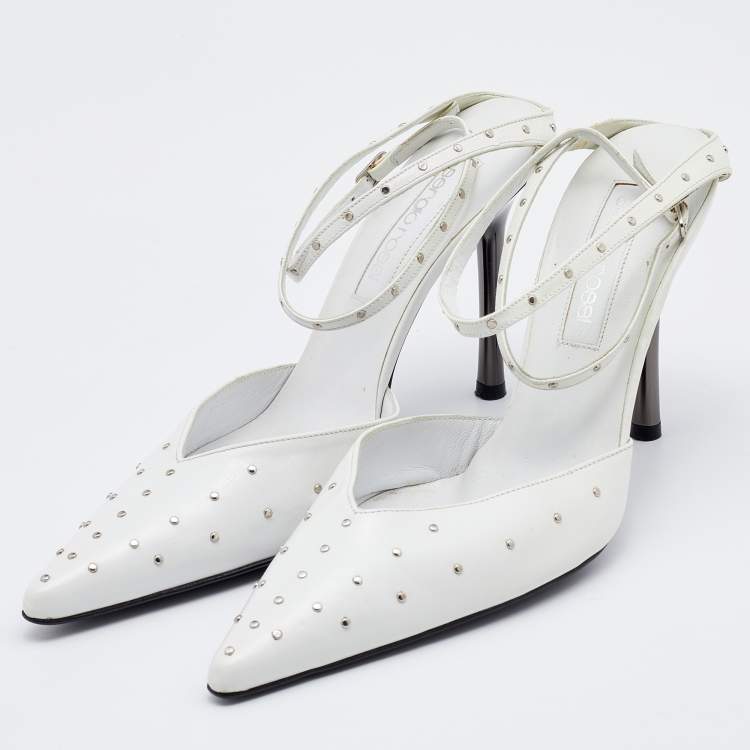 Pre Owned Sergio Rossi White Leather Studded Ankle Strap Pumps Size 38