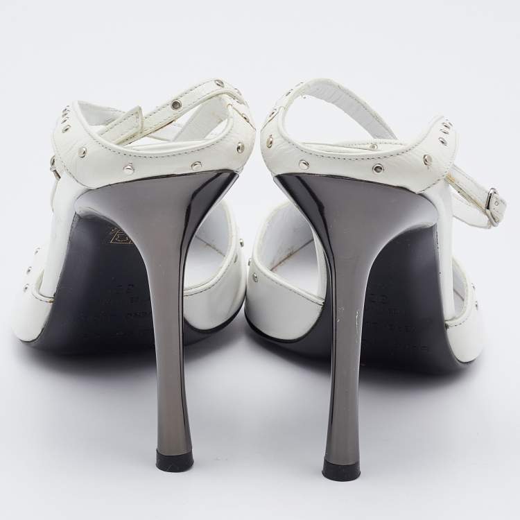 Pre Owned Sergio Rossi White Leather Studded Ankle Strap Pumps Size 38
