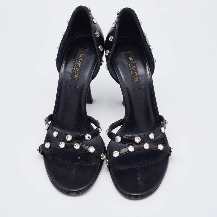 Pre Owned Sergio Rossi Black Leather Crystal Embellished Strappy Sandals Size 36.5