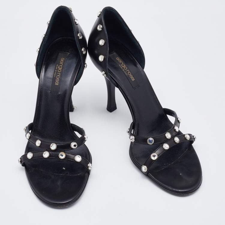 Pre Owned Sergio Rossi Black Leather Crystal Embellished Strappy Sandals Size 36.5