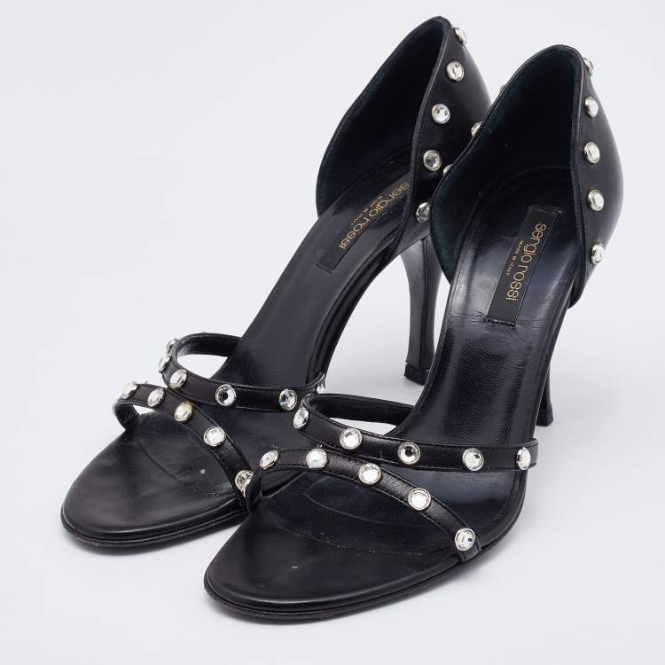 Pre Owned Sergio Rossi Black Leather Crystal Embellished Strappy Sandals Size 36.5
